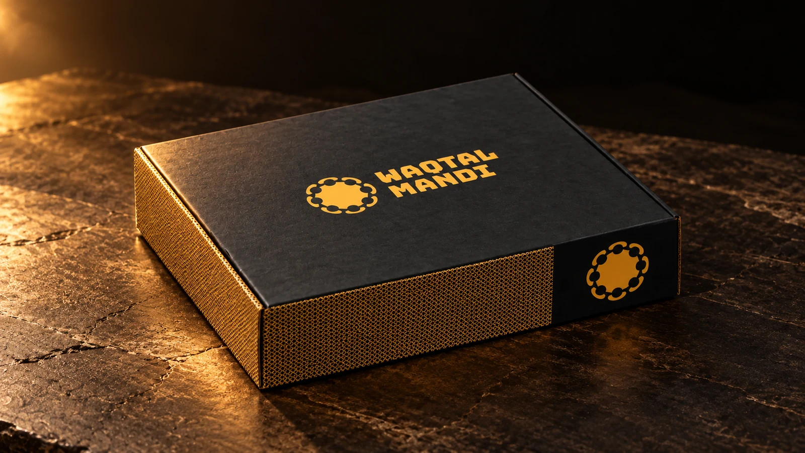 Waqtal Mandi: black-and-gold takeaway box carrying the circular Waqt mark, presentation cover
