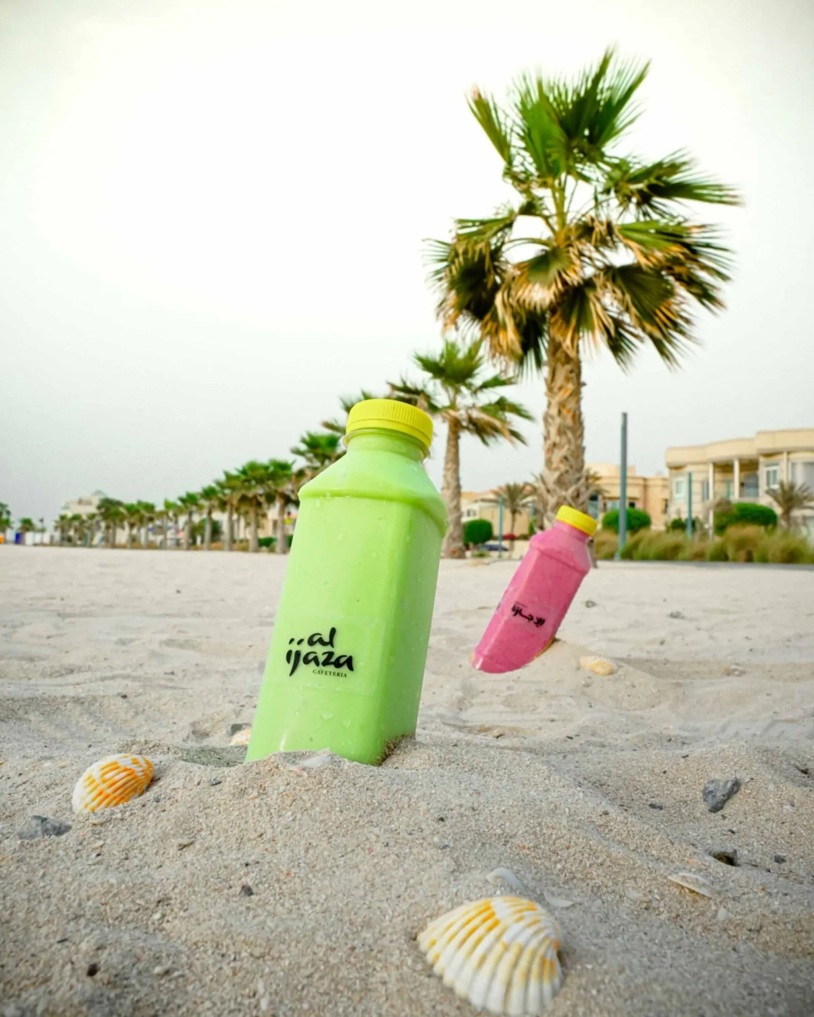 Photography: drinks bottles shot on sand beneath palm trees.
