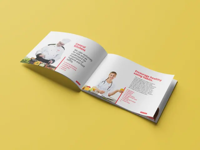 Print: an open food brochure with red headings on yellow.