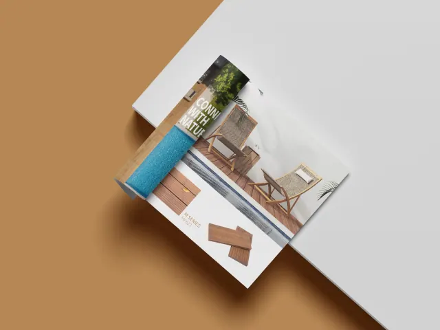 Graphic design: a flooring catalogue with decking and wood samples.