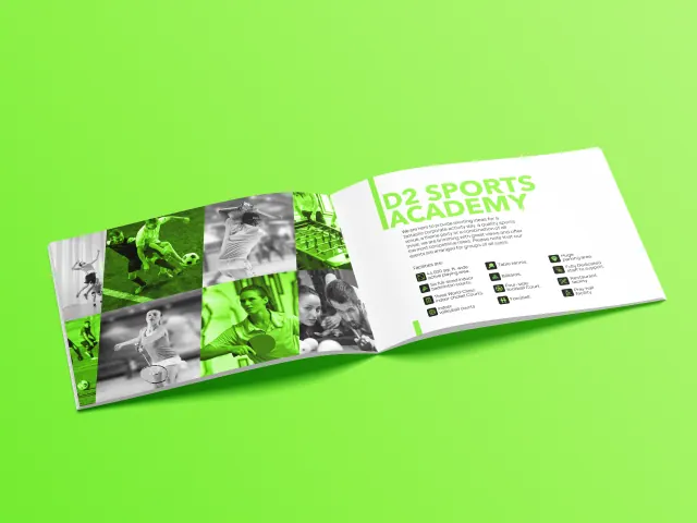 Print: a sports academy brochure built on a green and white photo grid.