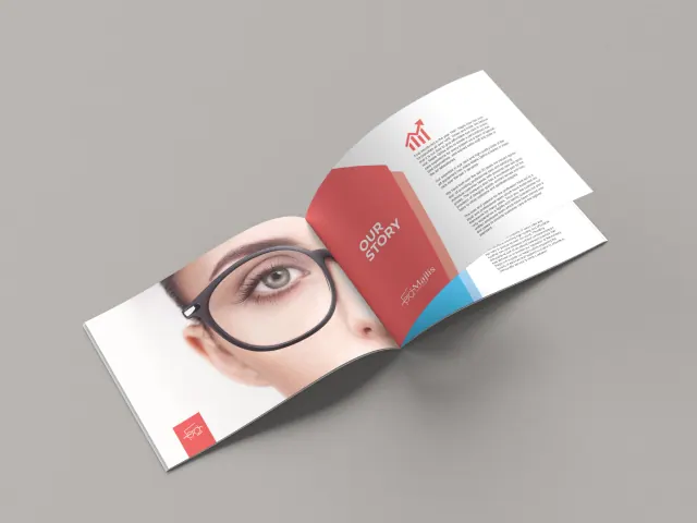 Print: a foldout eye-care brochure in red, blue and white panels.