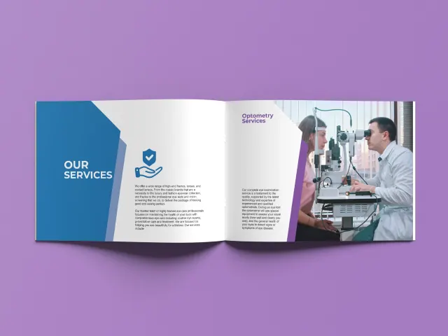 An open eye-care brochure with blue service panels and an eye-examination photograph on purple.