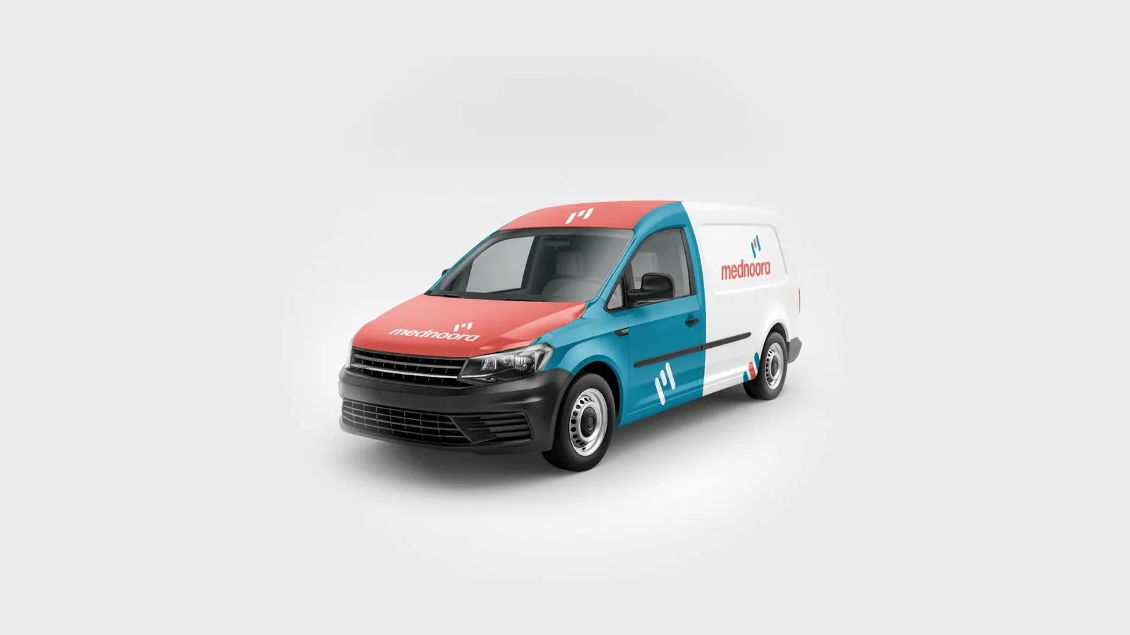 Mednoora: a healthcare identity carried from the building sign to stationery and a delivery van.