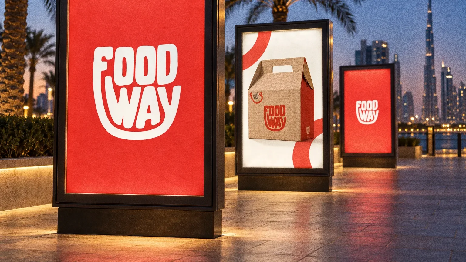 Three backlit street posters on a clean Dubai pavement at blue hour: the white Food Way logo on red, a kraft box on white, and the small logo on red.