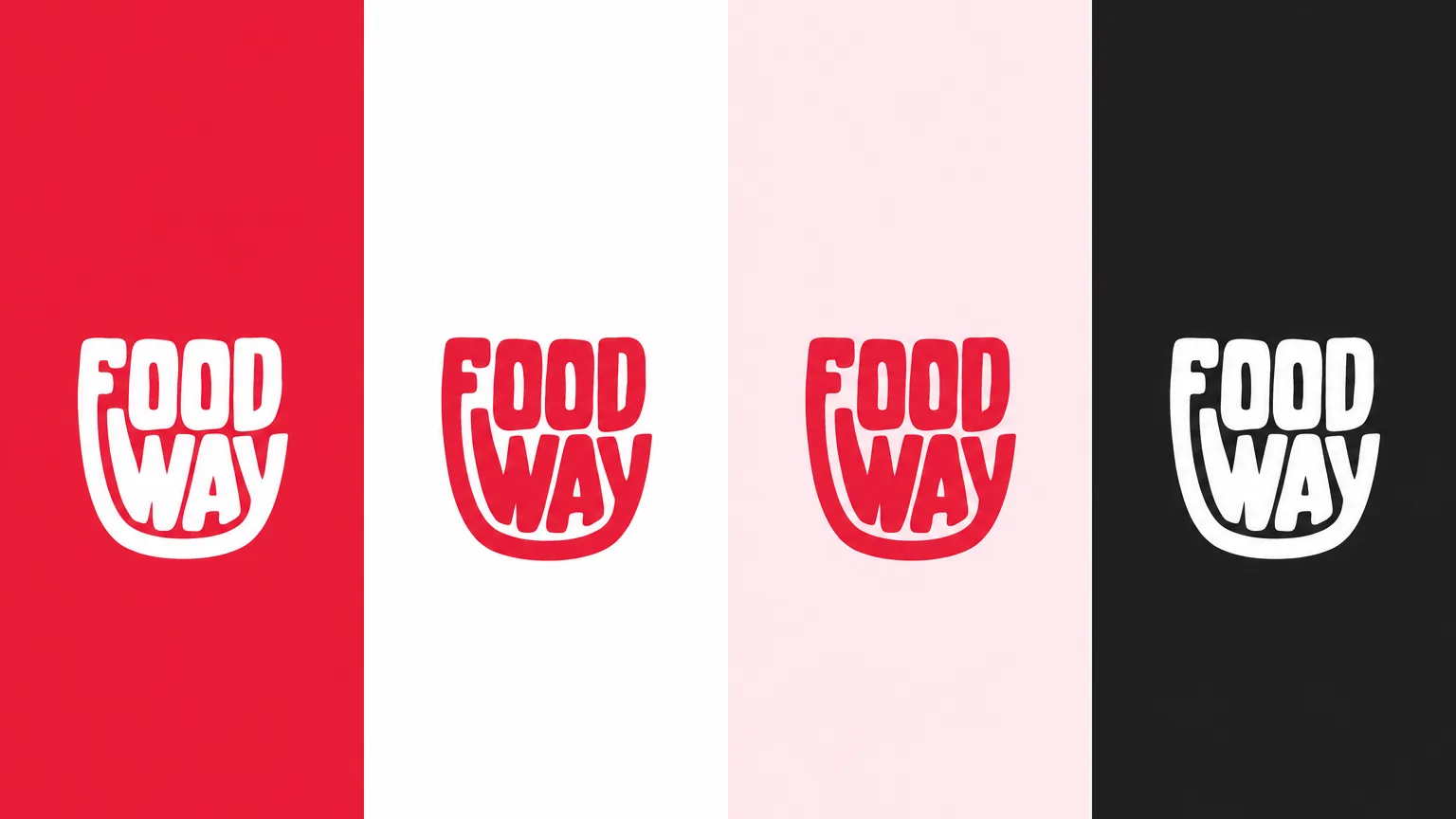 Four vertical panels in red, white, pale pink and charcoal, each carrying the cup-shaped Food Way logo in the version that reads on that colour.