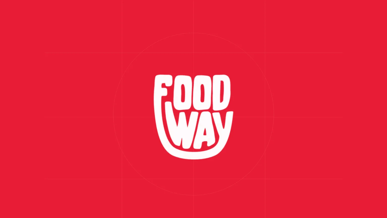 A flat brand book cover: the white cup-shaped Food Way logo centred on bright red, with a fine construction grid and circle.