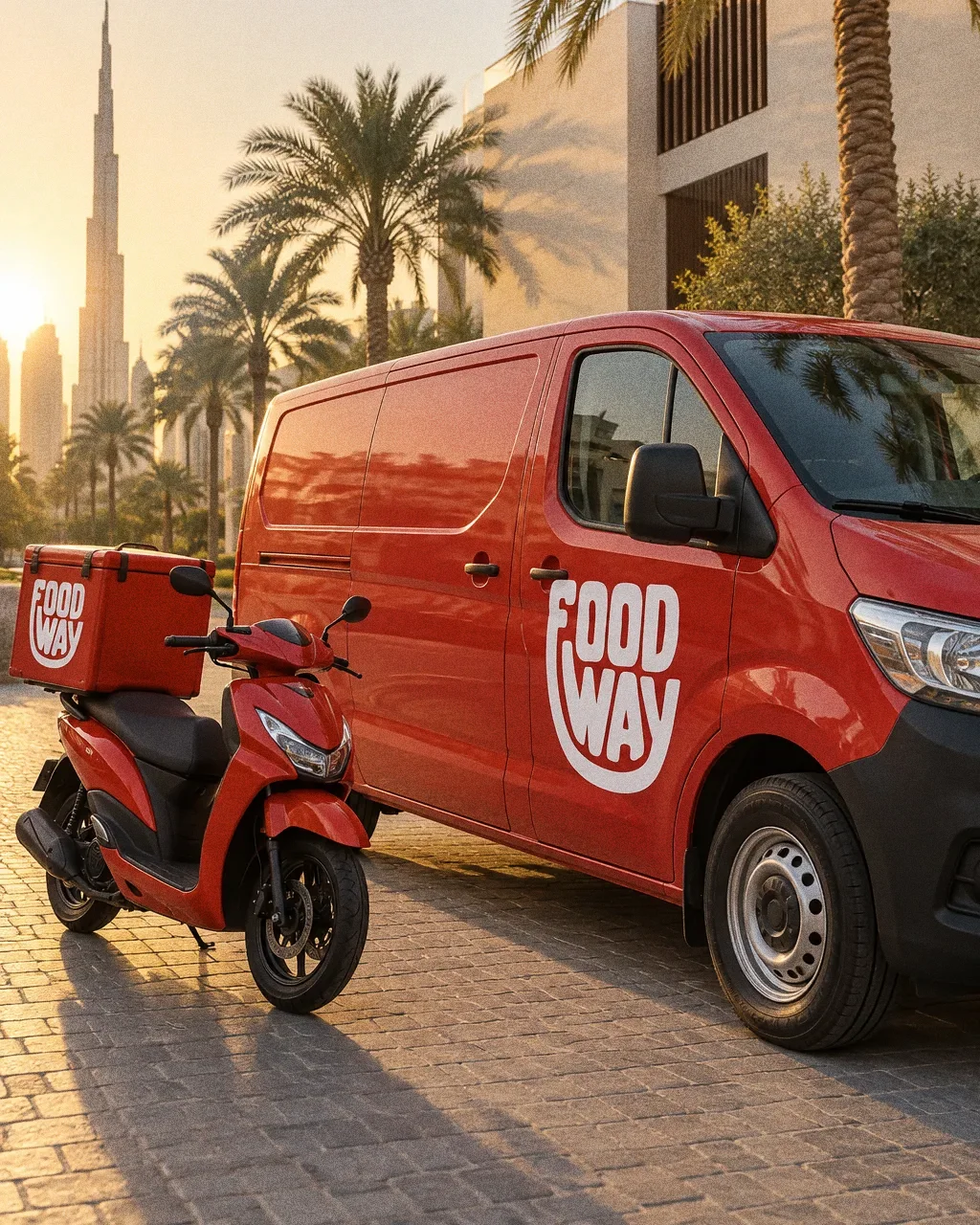 A red Food Way delivery van with the large white cup-shaped logo on its door and a red delivery scooter on a clean Dubai street at golden hour.