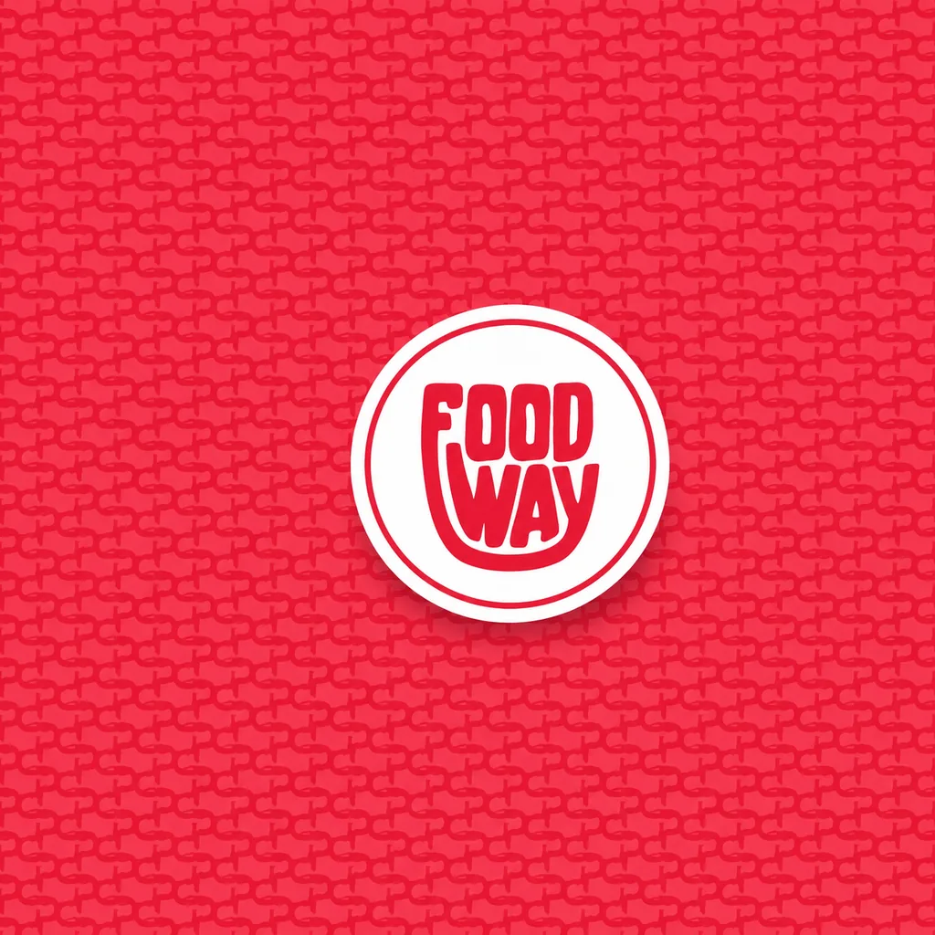 The Food Way tonal red F and Y pattern filling the whole frame, with a round white badge holding the red cup-shaped logo.