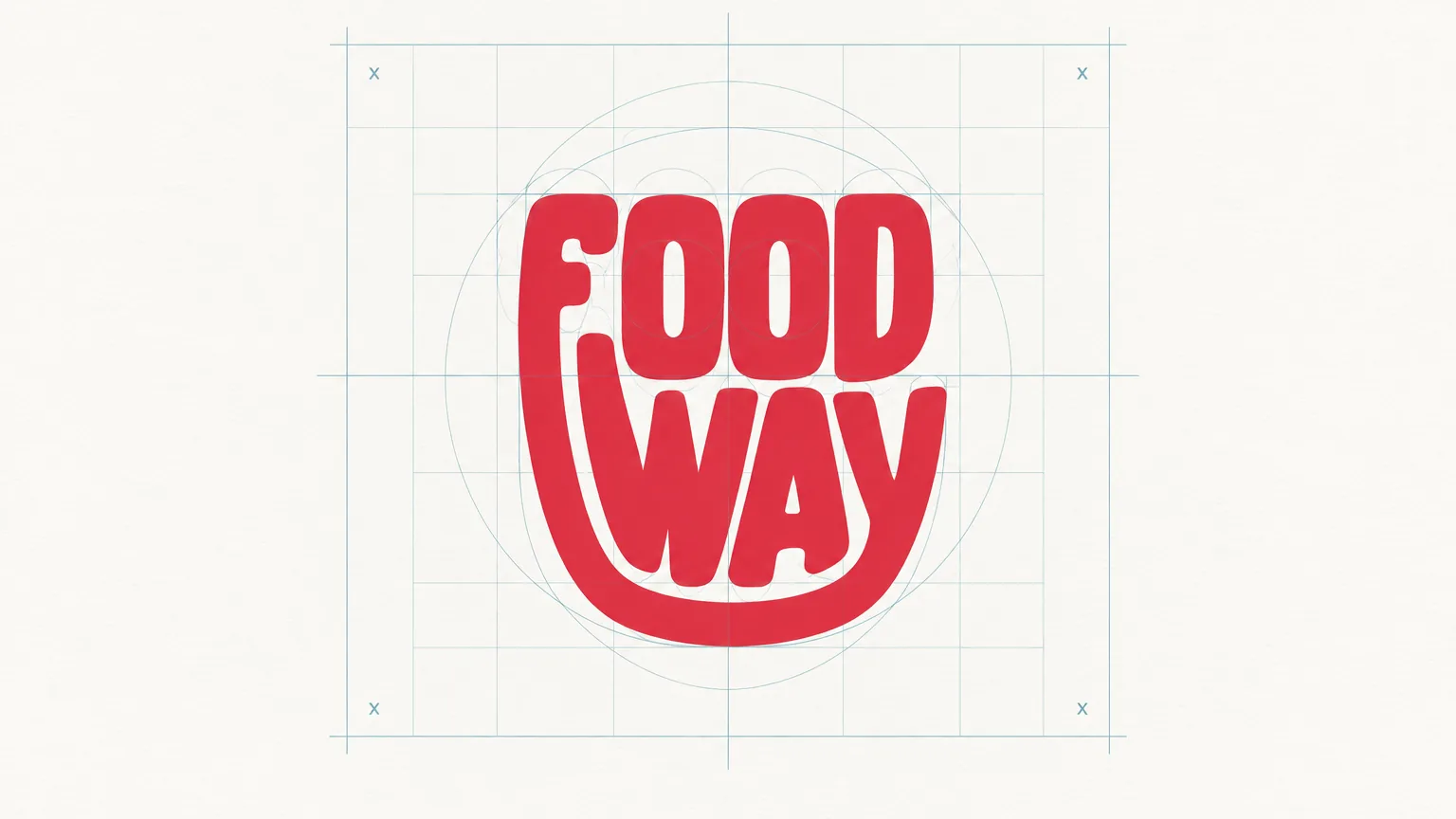 The Food Way logo shown large on a pale paper ground with thin construction lines, circles, a modular grid and a clear-space frame built from a unit x.