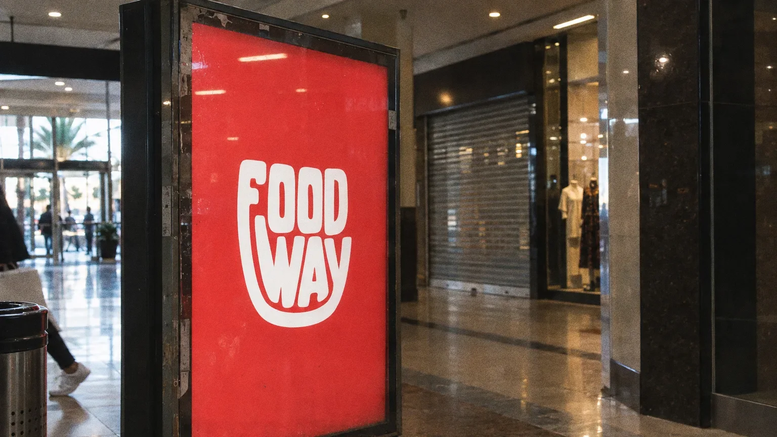 A red backlit lightbox in a mall corridor showing the white Food Way logo, with scuffed floor tiles and a blurred shopper walking past.