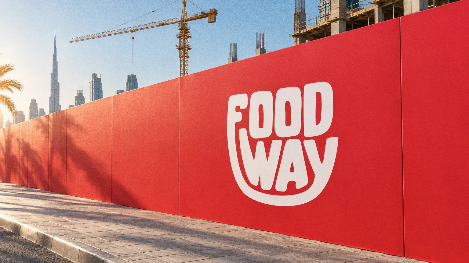 A new red hoarding wrapped in printed vinyl with the white Food Way logo on a construction-site fence, with a crane and skyline behind in afternoon light.
