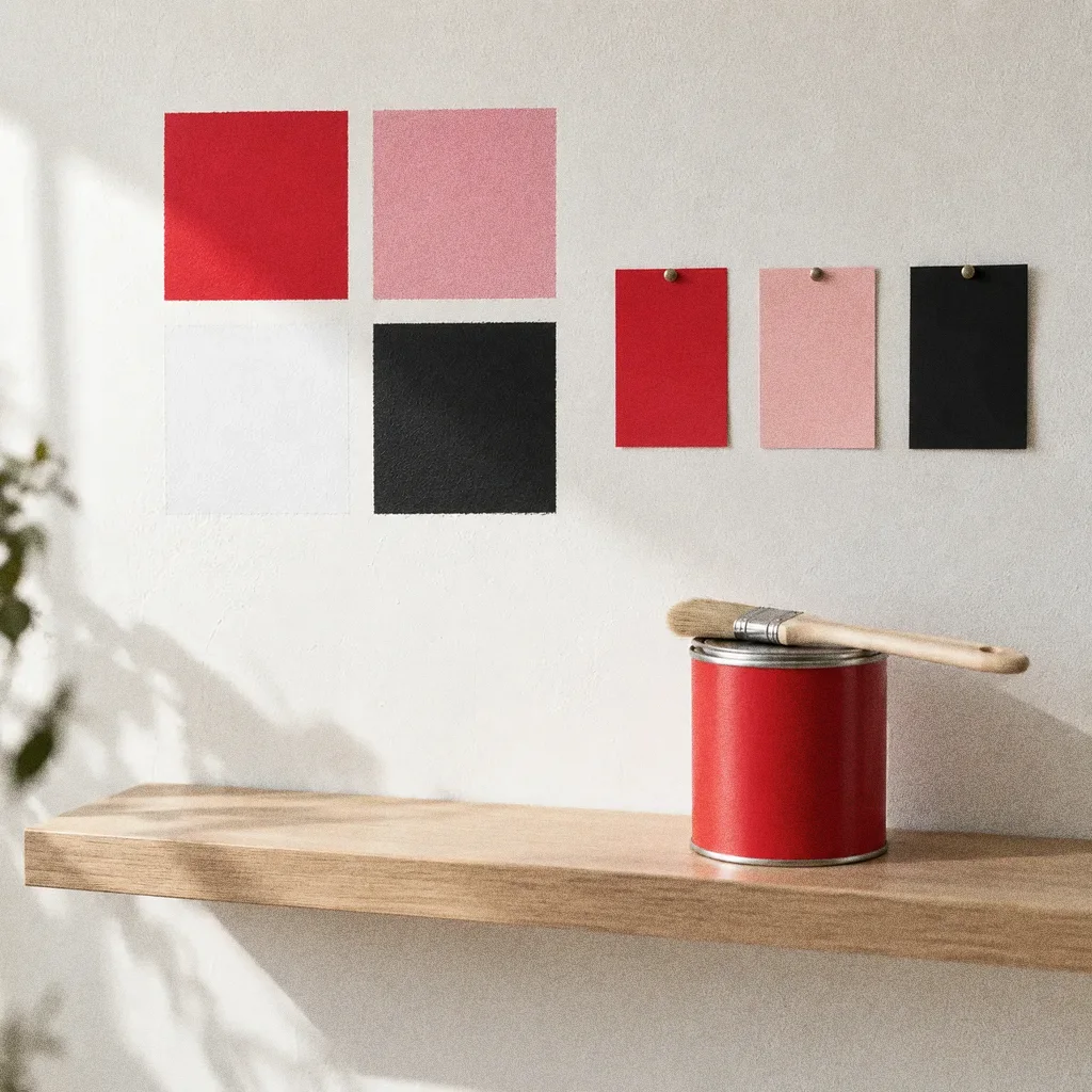 Painted patches of bright red, pale pink, white and black on a clean plaster wall with pinned paper swatches beside them and a brush on a red paint tin on an oak shelf.