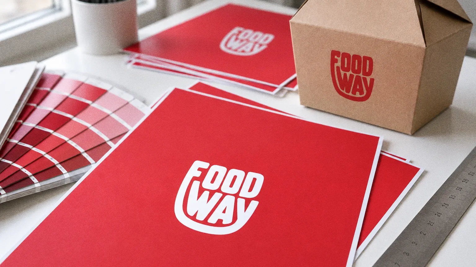 Red printed proof sheets with the white Food Way logo, a fanned colour guide, a kraft Food Way box and a steel ruler on a clean white studio table by a window.