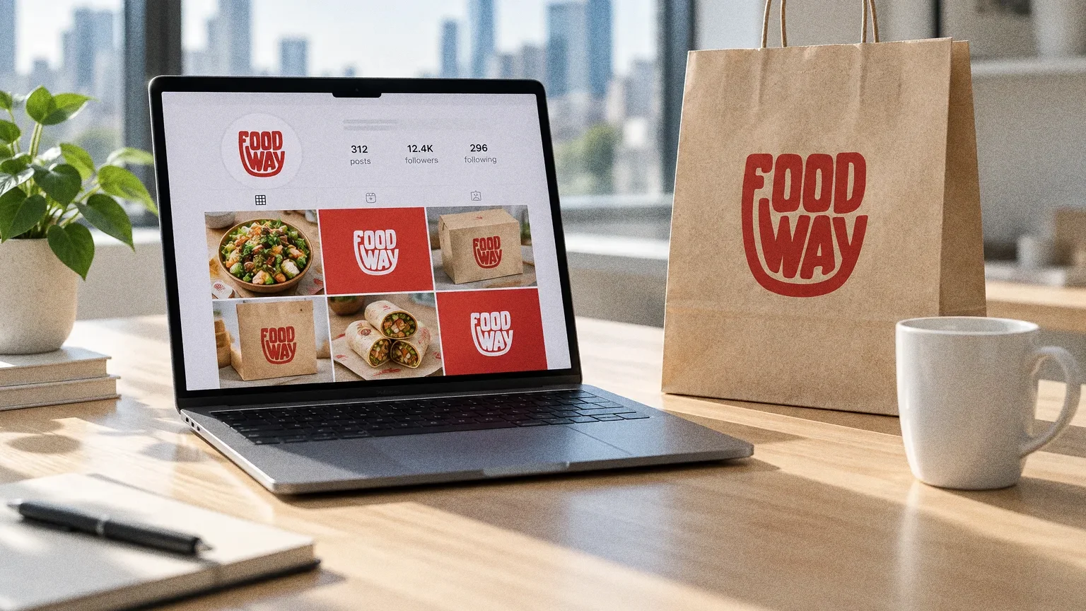 A laptop on a tidy oak desk showing a Food Way social profile of red tiles and kraft packaging, with a kraft Food Way bag and a white cup beside it.