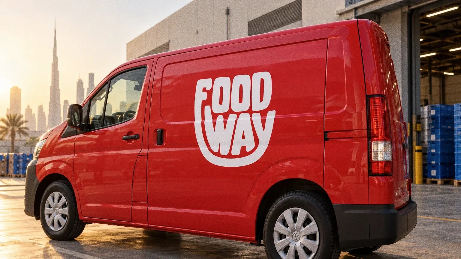A new red delivery van with a large white Food Way logo on its side parked at a tidy loading bay in golden hour light, with blue crates and the skyline behind.