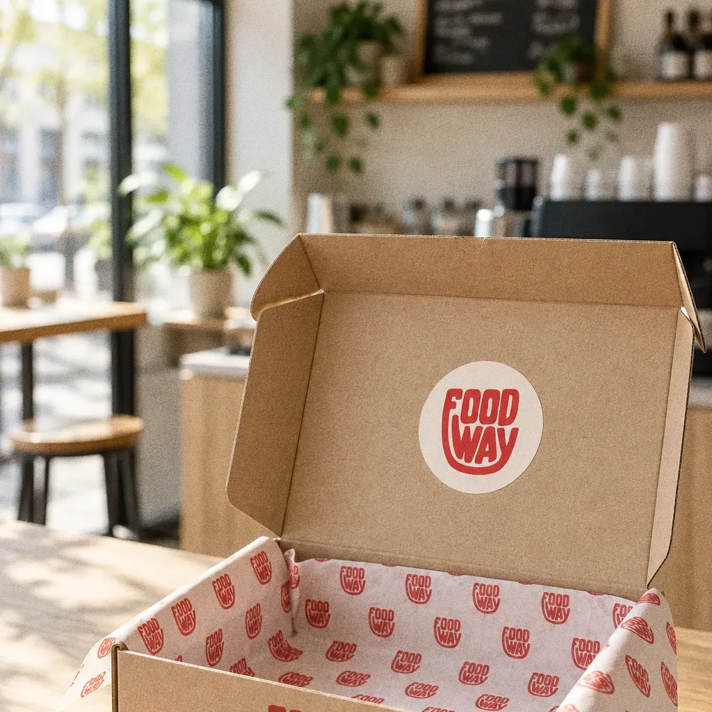 An open kraft box with a round red Food Way sticker on the lid, lined with white tissue printed in the red Food Way pattern, with a roll of red tape beside it on an oak counter.