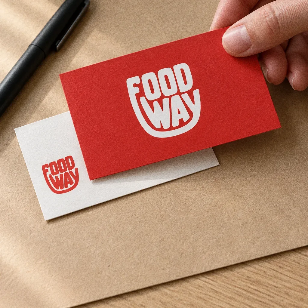 A red Food Way business card held over a white card on smooth kraft paper on an oak desk, with a black pen beside them.