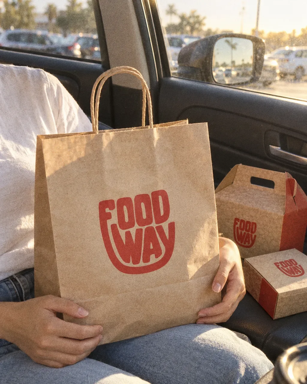A passenger seen from the chest down in a car with a kraft Food Way bag held on the lap.