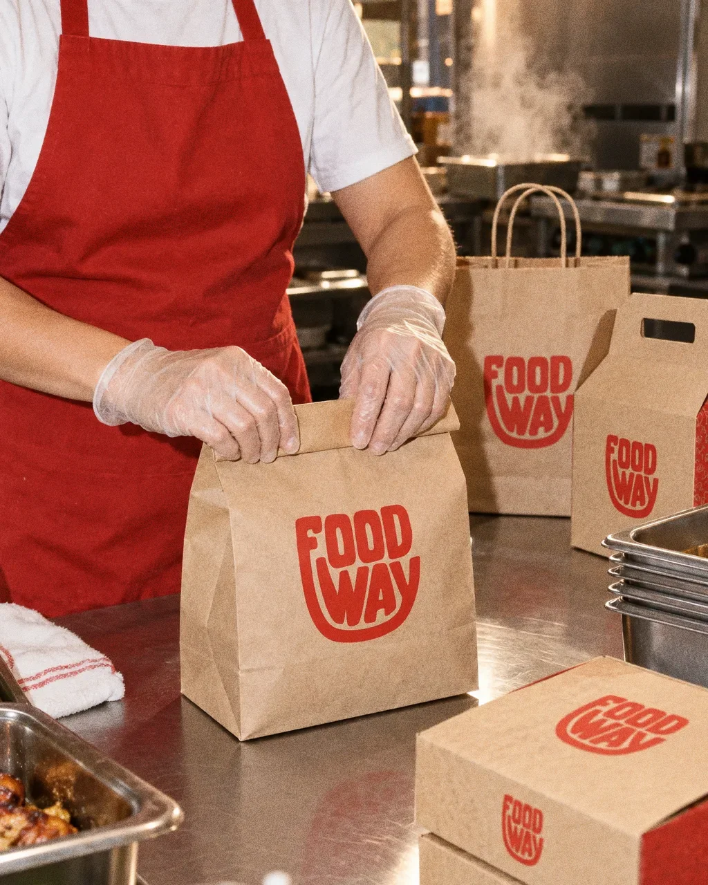 Gloved hands folding the top of a kraft Food Way bag on a steel counter, with more bags lined up behind.