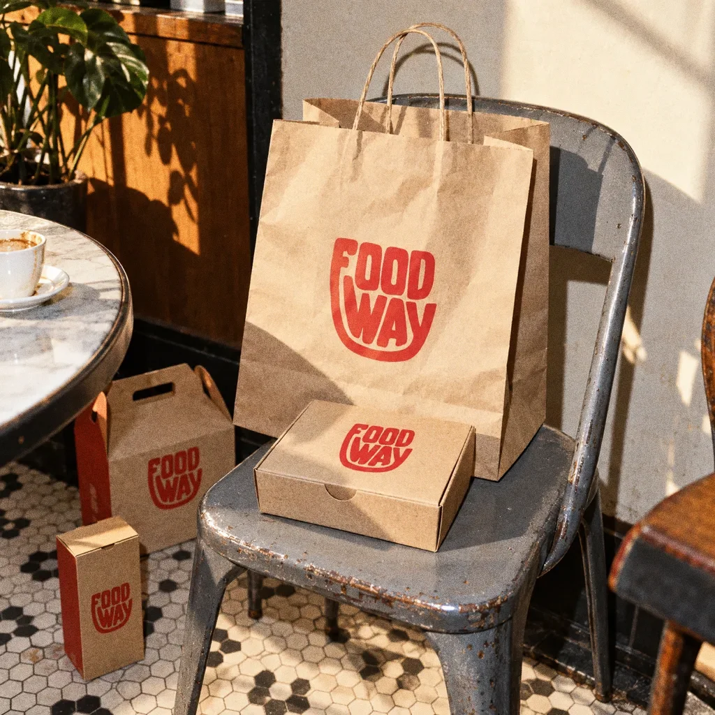 A kraft Food Way bag and a small box on the seat of a metal cafe chair in warm sun.