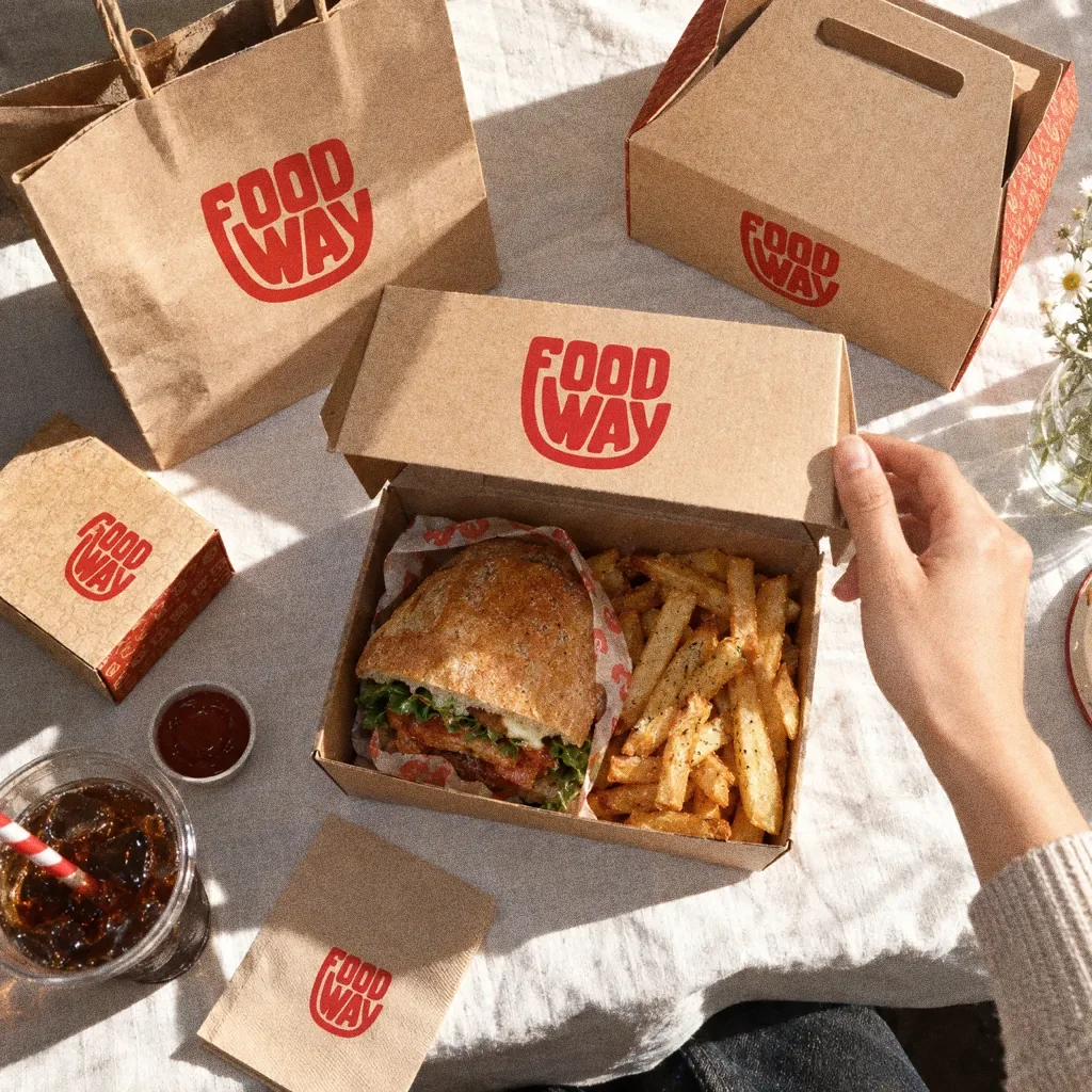 A top-down view of a hand lifting the lid of an open kraft Food Way box with a sandwich and fries on a white tablecloth.