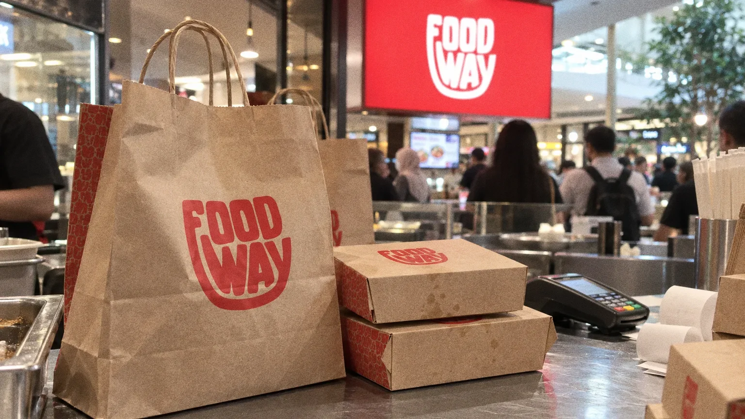 A Food Way takeaway counter in a Dubai food hall, with a large red lit sign and rows of kraft paper bags and boxes printed with the red Food Way wordmark.