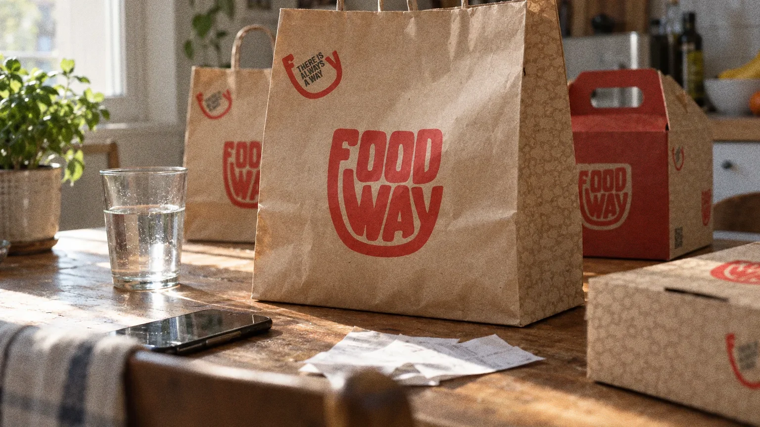 A group of kraft Food Way bags, a red carry box and small food boxes on a walnut table by a window.