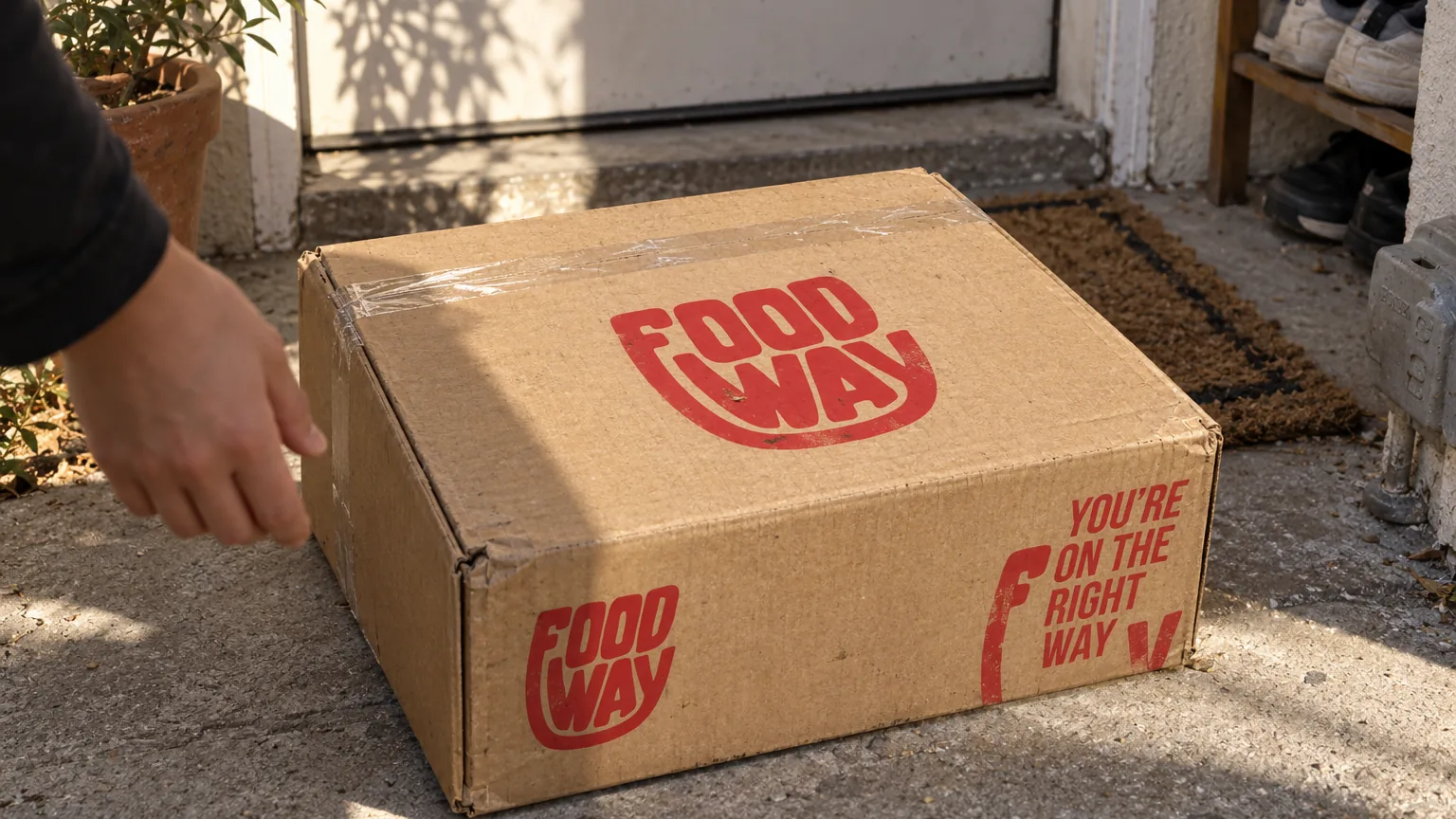 A kraft Food Way delivery box with the red wordmark set down on a doorstep at golden hour.
