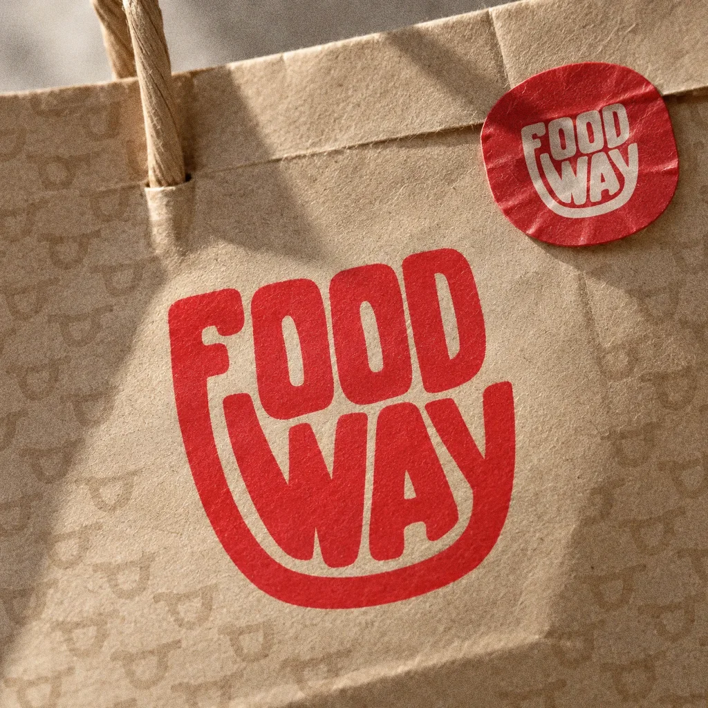 A close view of a kraft paper bag with the red Food Way wordmark printed on it, a tonal pattern behind and a round red Food Way sticker seal.