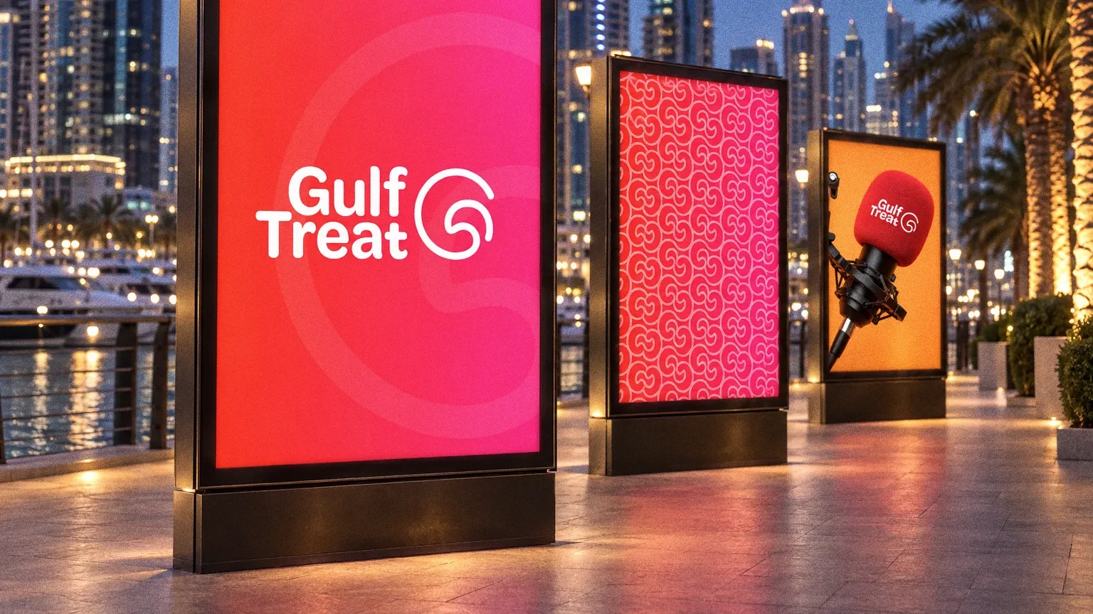 Three backlit street posters on a clean Dubai Marina promenade at blue hour carrying the Gulf Treat logo, the swirl pattern and a studio microphone.