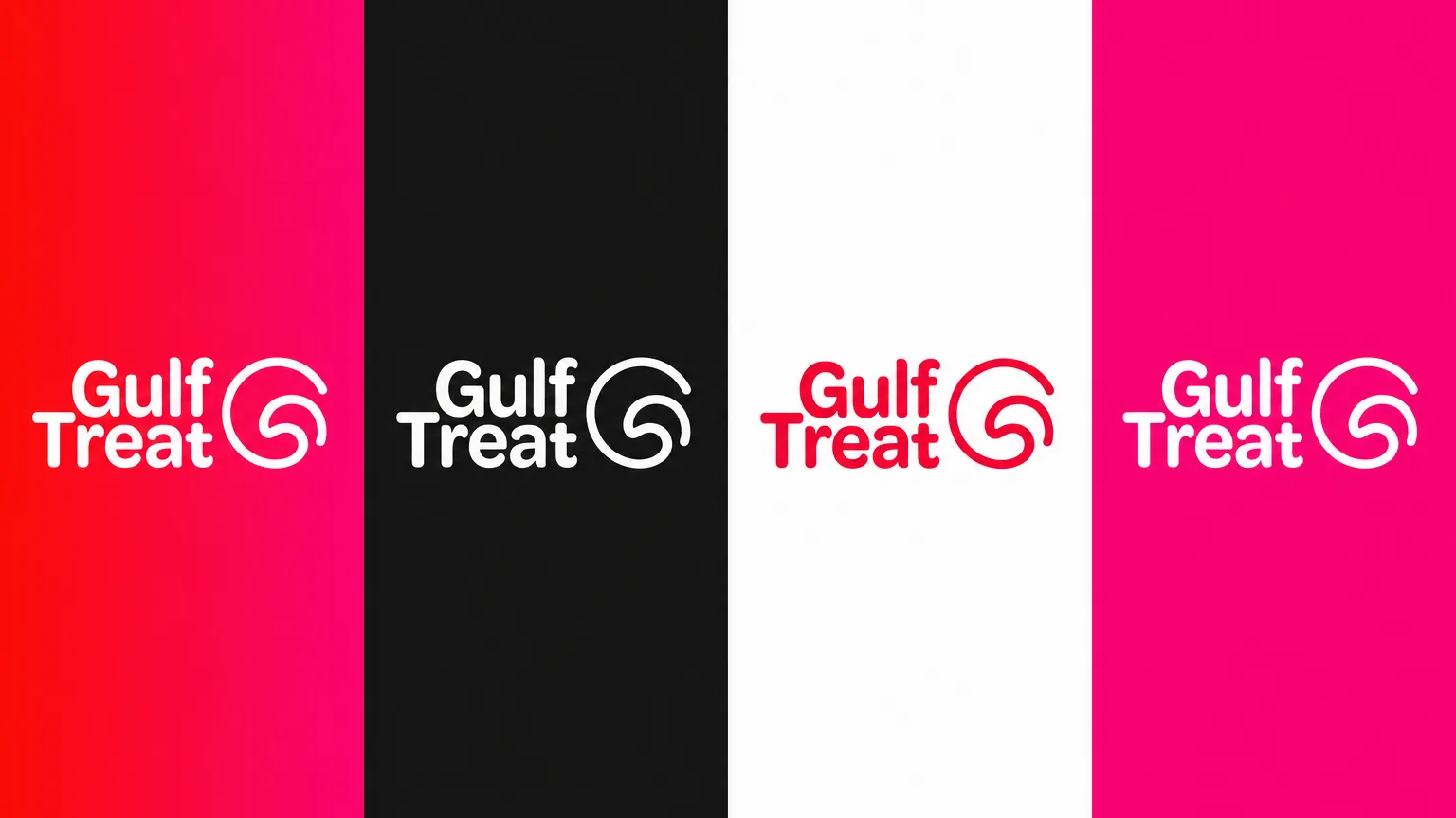 Four vertical panels of gradient, black, white and pink, each with the Gulf Treat logo in a readable colour.