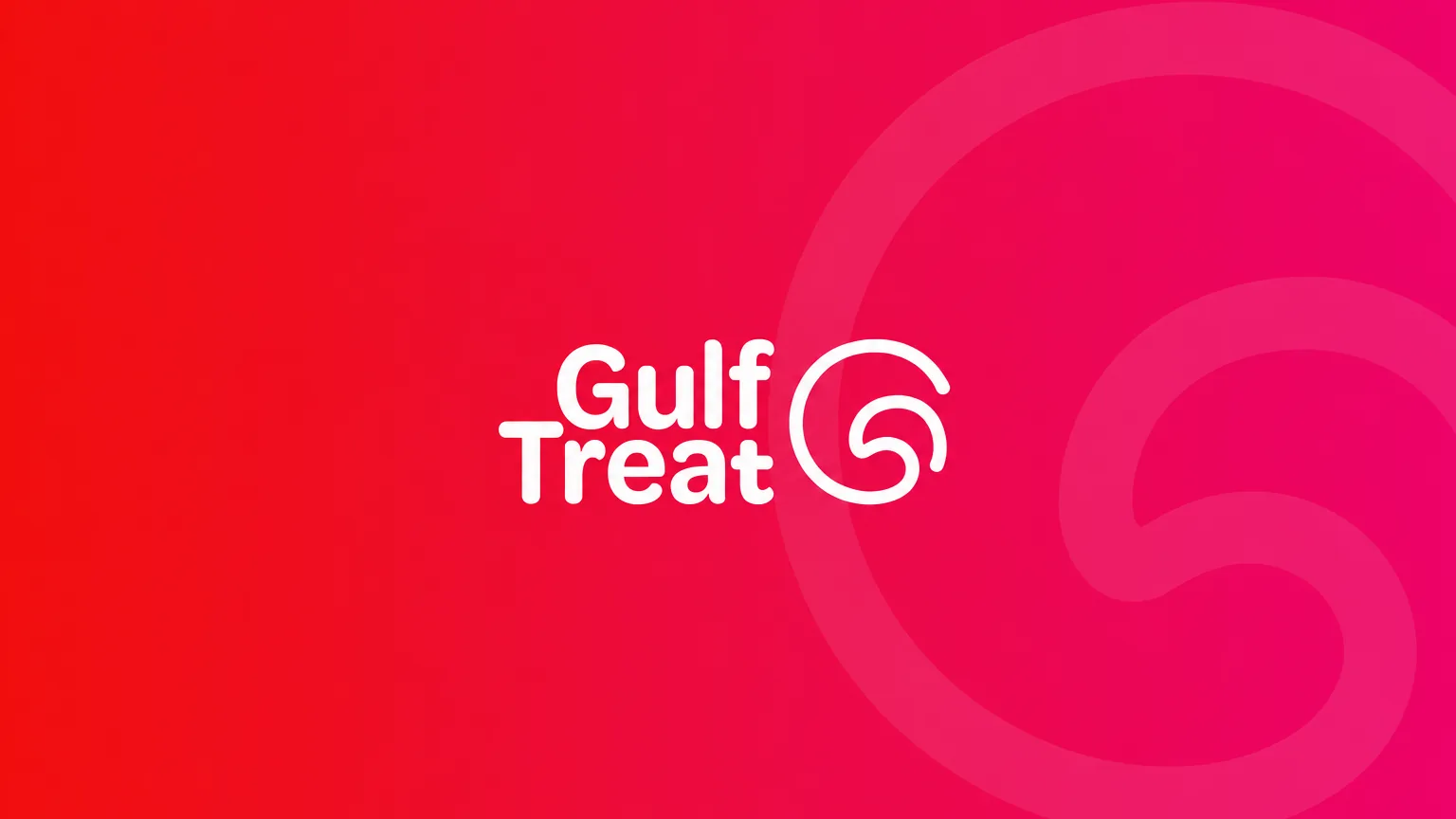 The Gulf Treat logo in white on the red-to-pink gradient, with a large faint swirl, as a brand book cover.