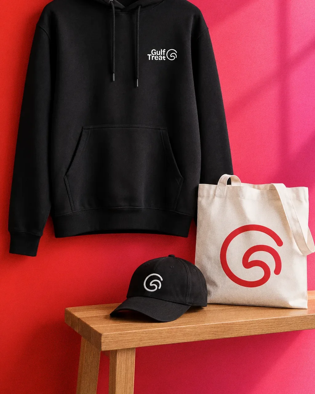 A black hoodie on a hanger, a white tote with a red swirl and a black cap on an oak bench against a red-to-pink gradient wall.