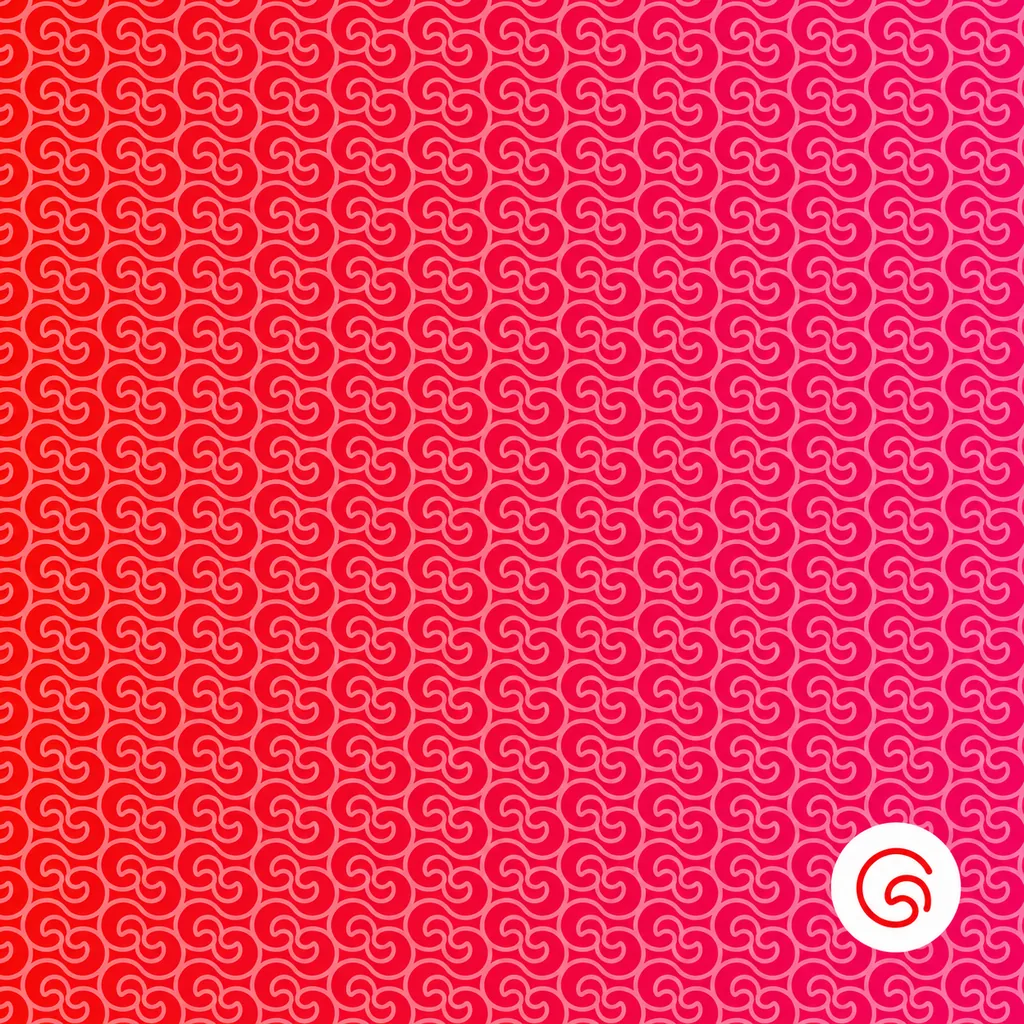 The swirl symbol tiled edge to edge in light pink on the red-to-pink gradient, with a small symbol badge.