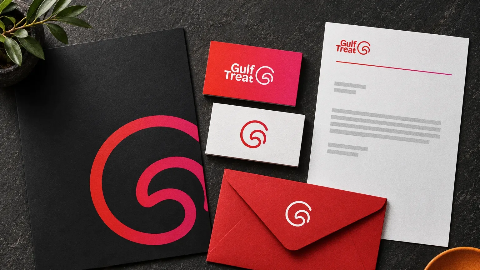 Business cards, letterhead, envelope and folder with the Gulf Treat logo and swirl on a dark stone surface.