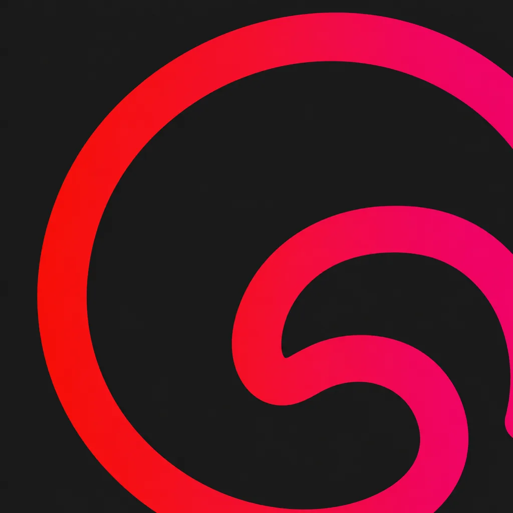 The swirl G symbol in a red-to-pink gradient, enlarged and cropped off the edge of a black field.