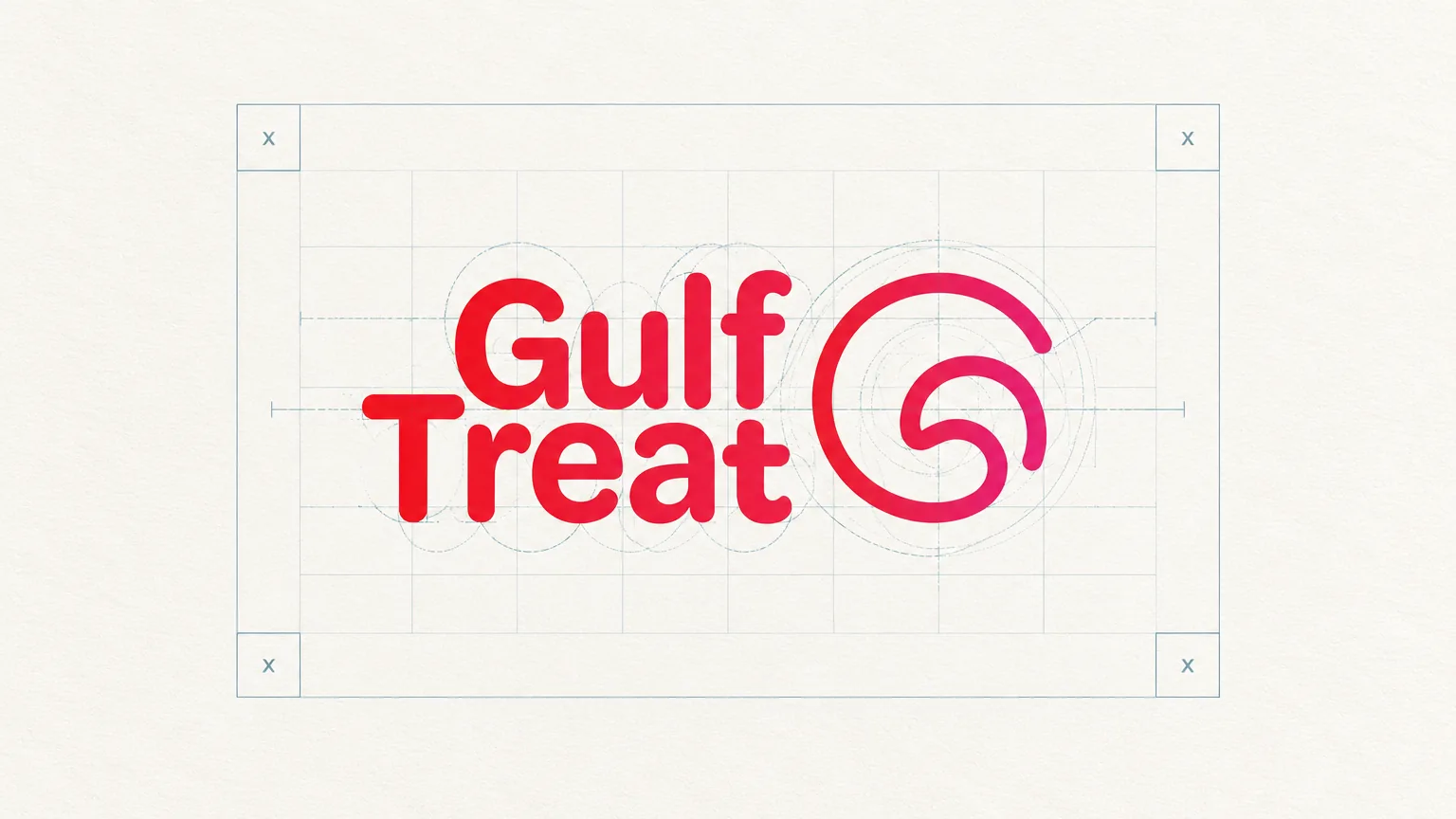 The Gulf Treat logo shown large on a pale paper ground with thin construction lines, circles, a modular grid and a clear-space frame built from a unit x.