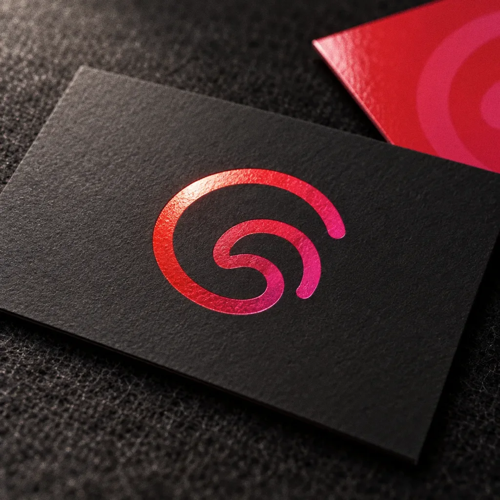 A close-up of a new matte black card with the swirl G symbol hot-foil stamped in a red-to-pink gradient, with a glossy red card at the edge.