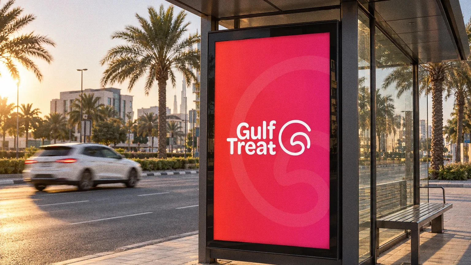 A backlit bus shelter poster in red to magenta with the white Gulf Treat wordmark and swirl symbol on a clean Al Barsha roadside at golden hour, with a passing car.