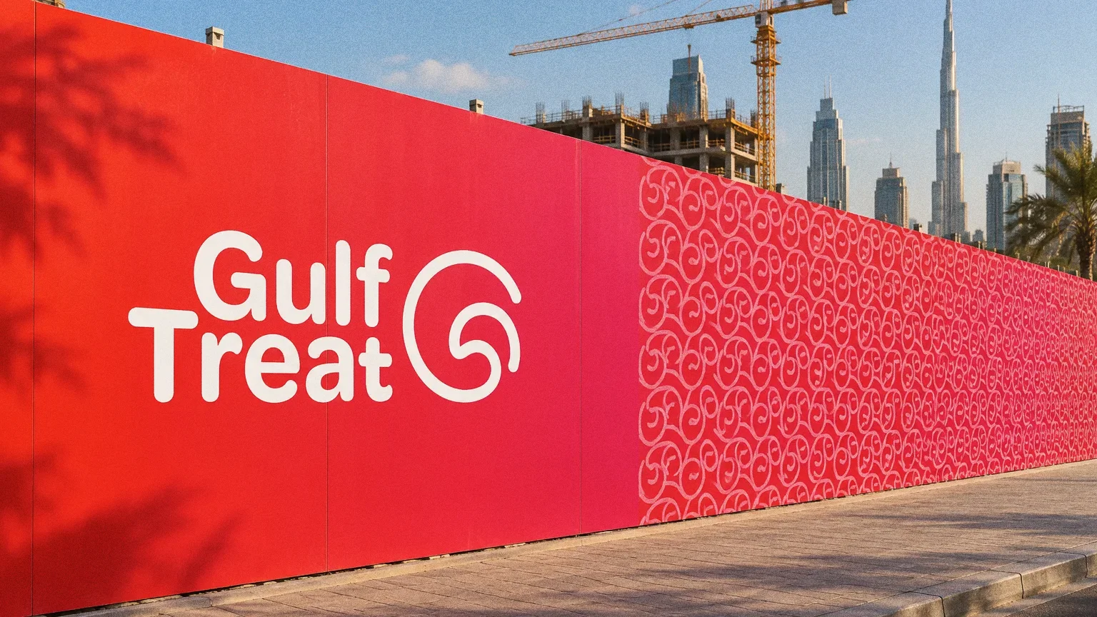 A new Gulf Treat hoarding with the wordmark and swirl pattern wrapped on a construction-site fence, with a crane and skyline behind.