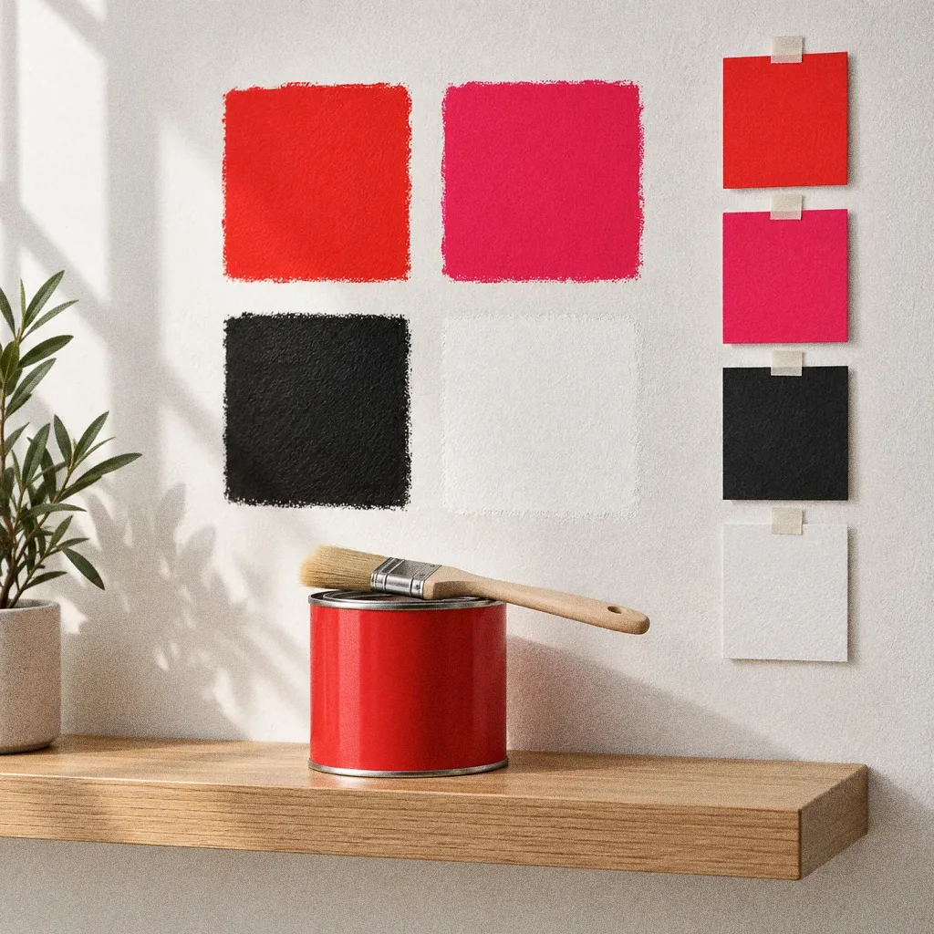 Painted patches of red, hot magenta, black and white on a clean plaster wall with paper stock swatches taped beside them and a brush on a red paint tin.