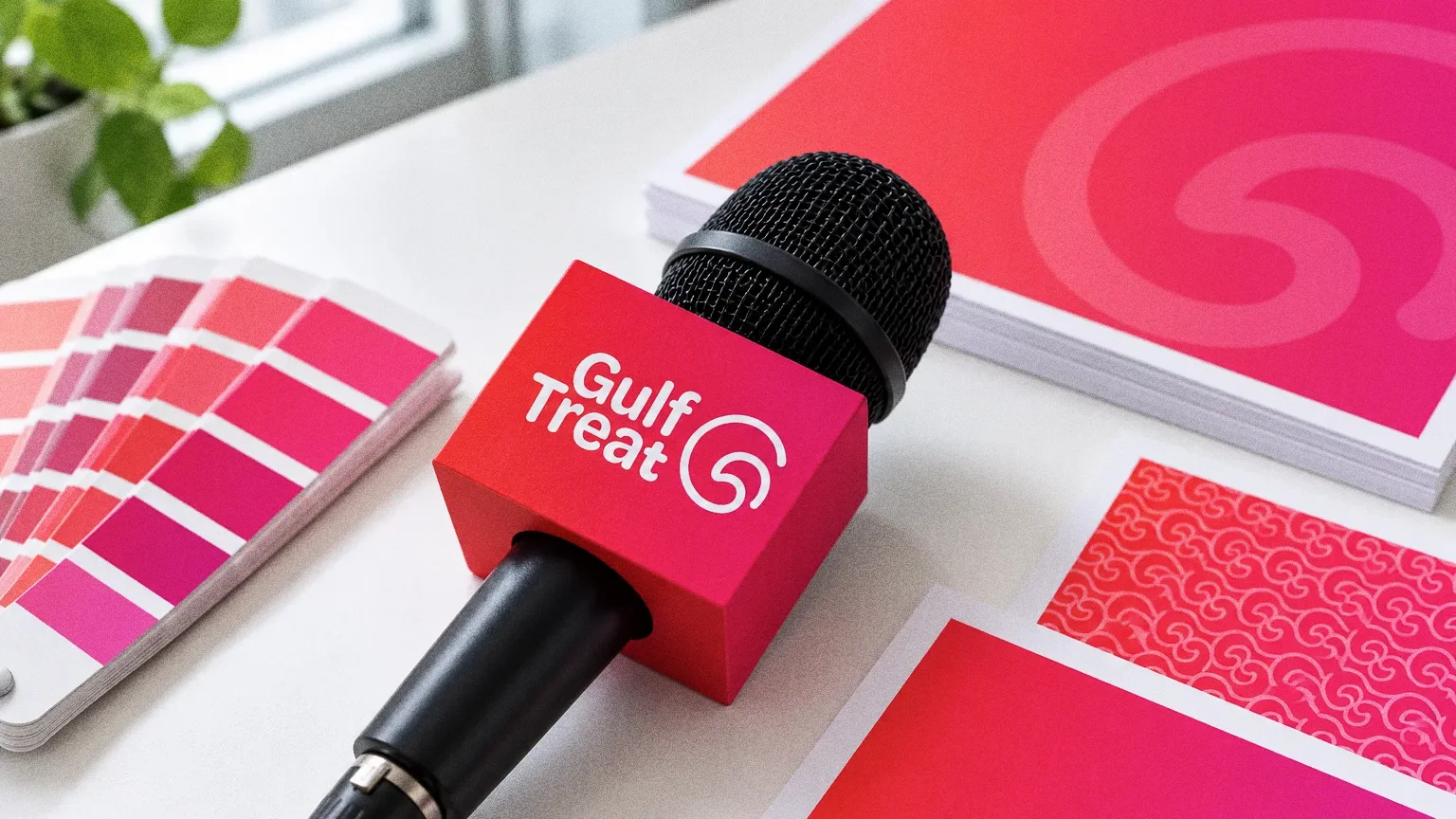 A white studio table with red to magenta gradient proofs, a fanned colour guide and a red microphone cube flag with the white Gulf Treat wordmark.