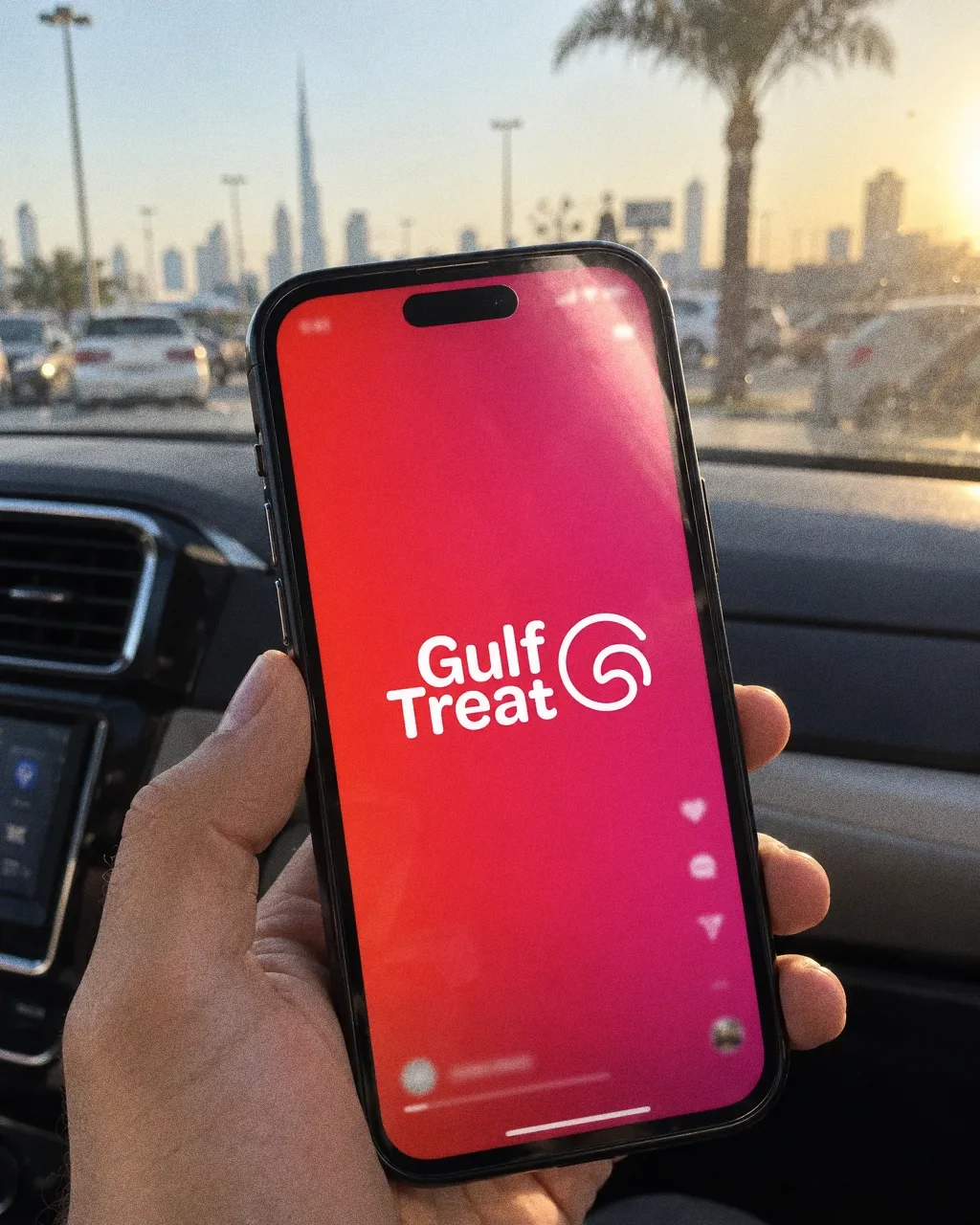 A hand holding a phone in a parked car showing a Gulf Treat story frame: red to magenta with the white wordmark and swirl symbol.