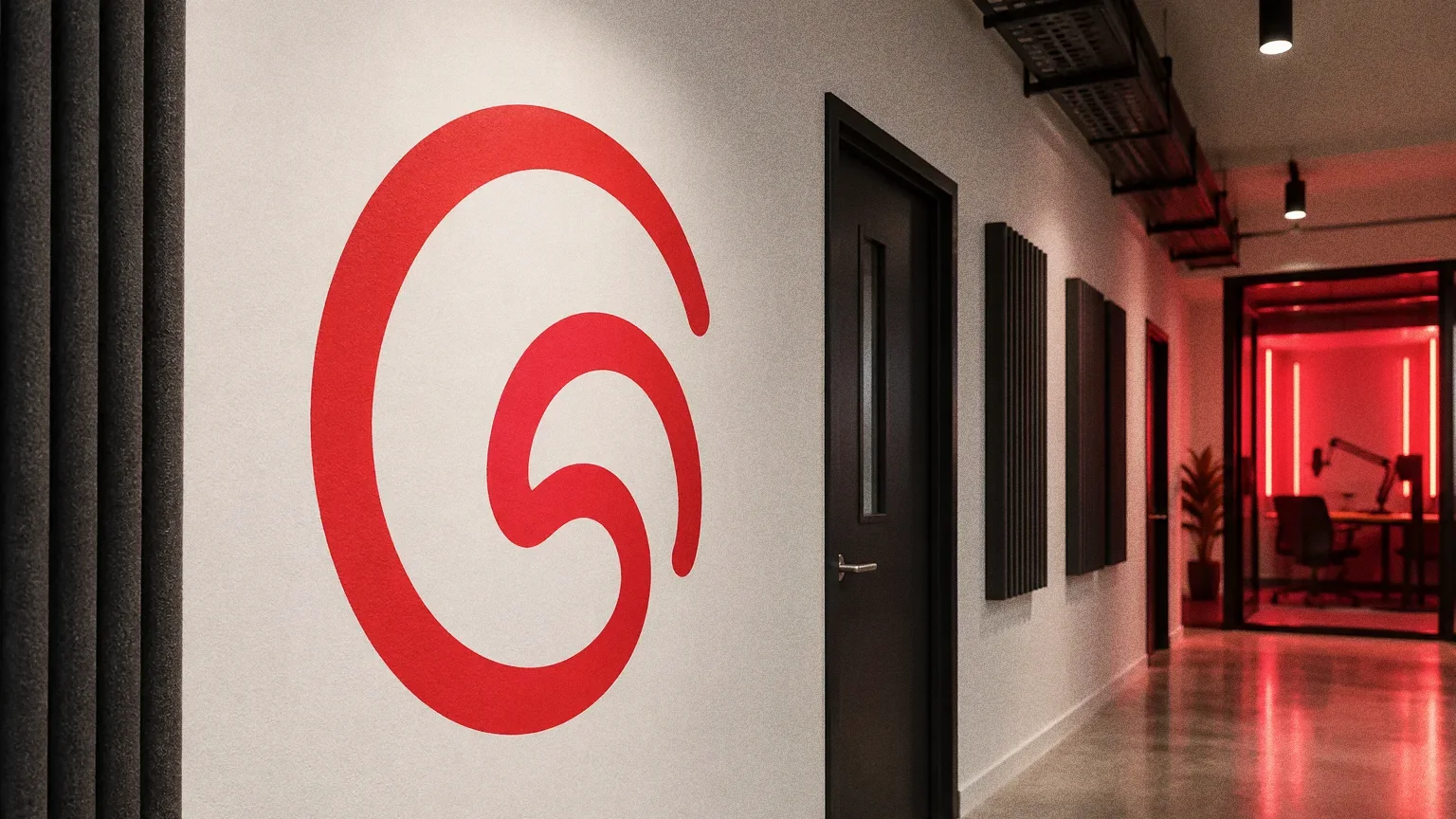 A red swirl symbol painted large on a clean white corridor wall beside charcoal acoustic panels, with a cable tray, a door and a red-lit studio at the end.