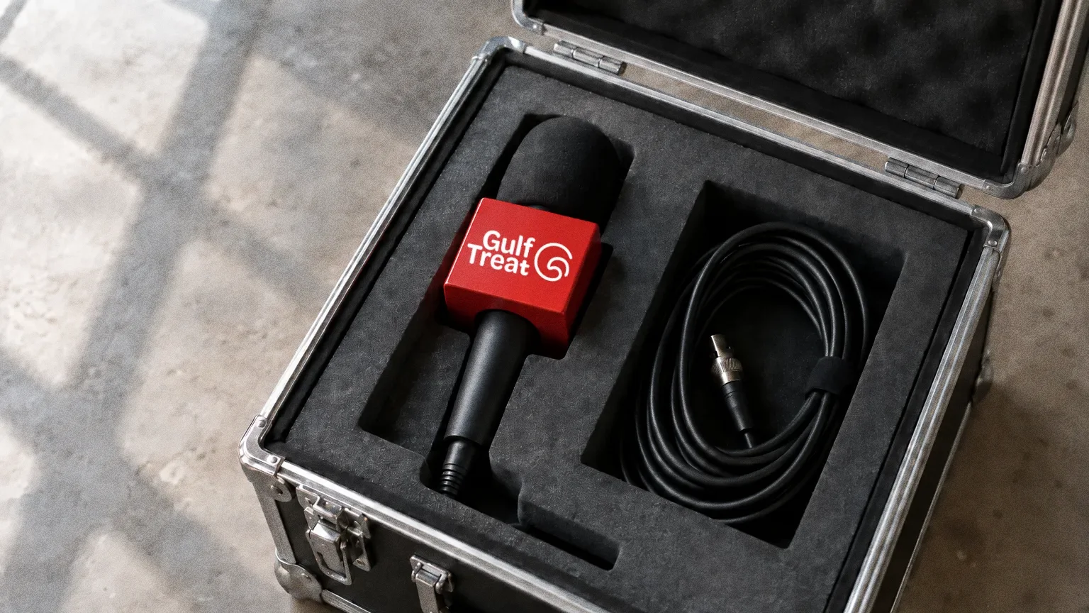 A black microphone with a red Gulf Treat cube flag sitting in grey cut foam inside an open black flight case with a coiled cable, on a clean studio floor.