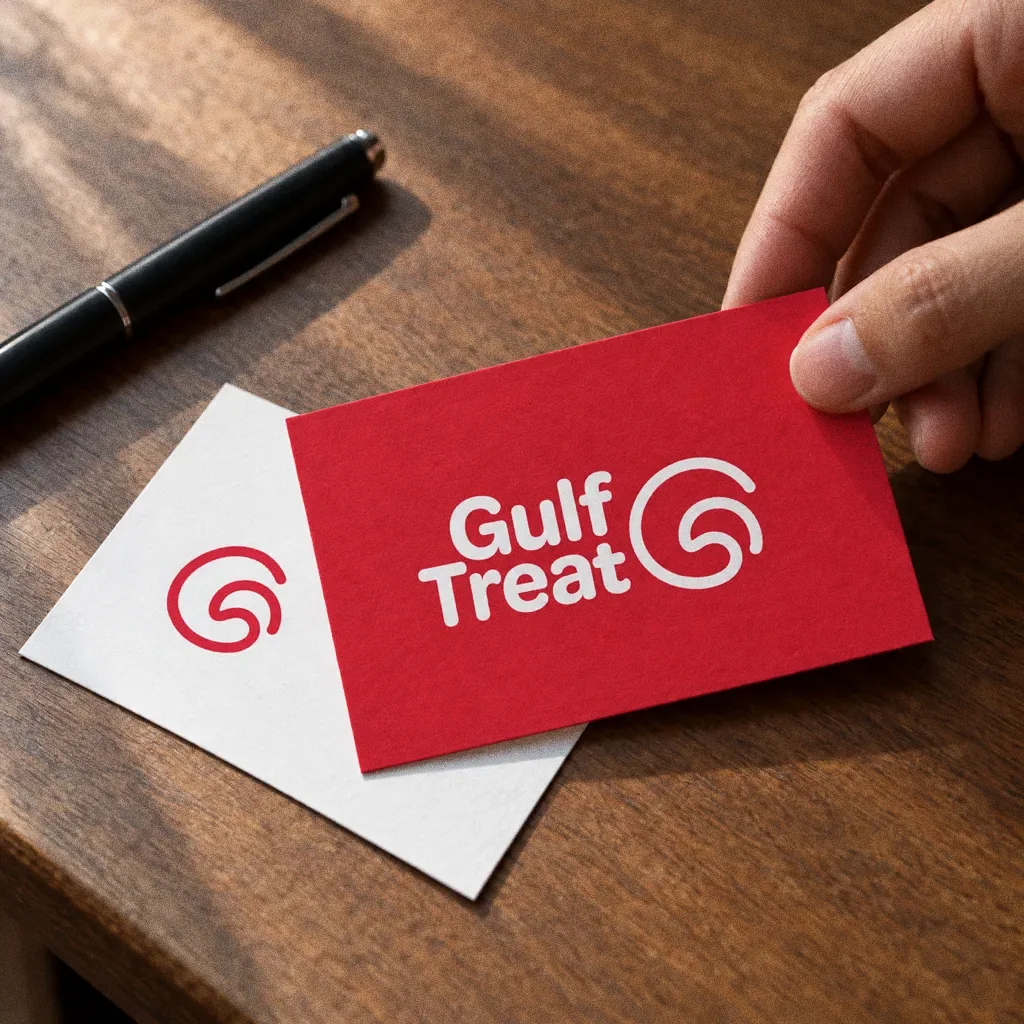 A red Gulf Treat business card held over a white card on a walnut desk, with a black pen beside them.