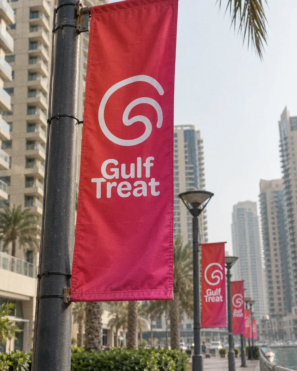 Red-to-pink fabric banners with the white swirl G symbol and Gulf Treat wordmark hanging from lamp posts along a Dubai waterfront at sunset.