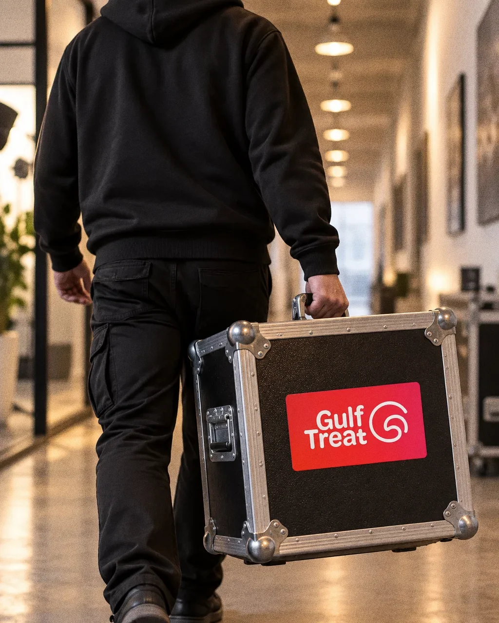 A crew member in a black hoodie, seen from behind, carries a flight case with a red Gulf Treat label down a bright studio corridor.