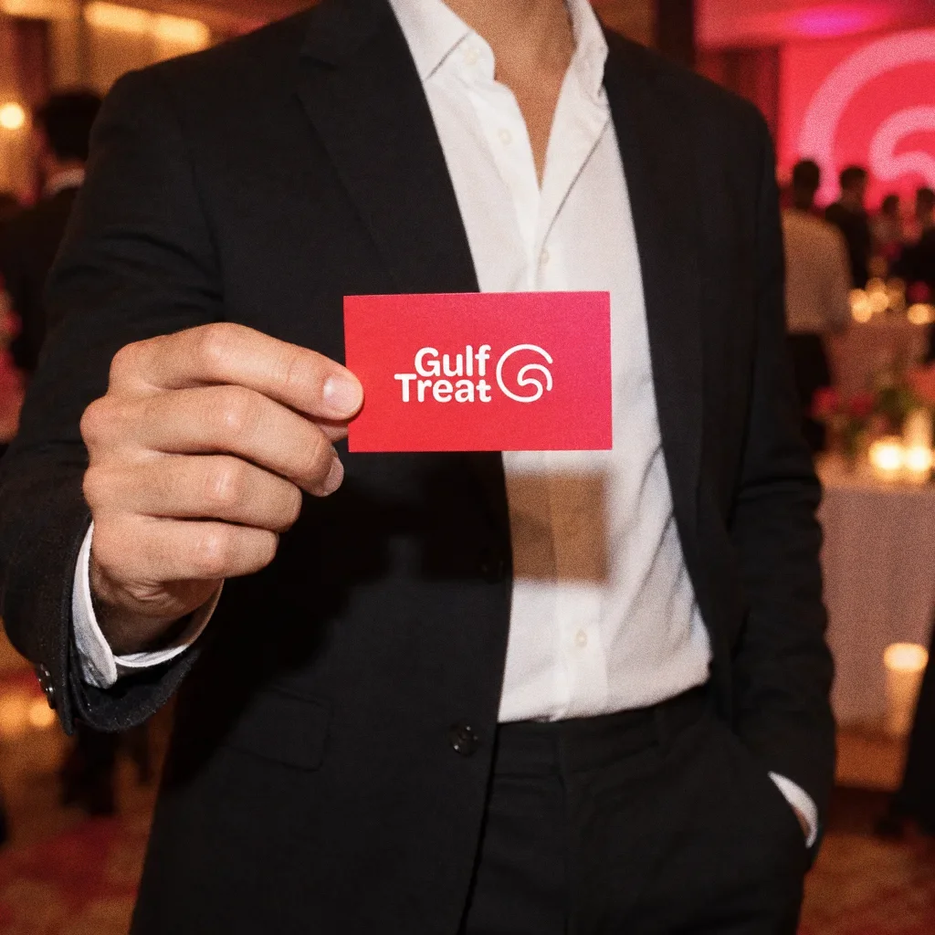 A person in a dark blazer, seen from the chest down, holds out a red Gulf Treat business card at a warmly lit media event.